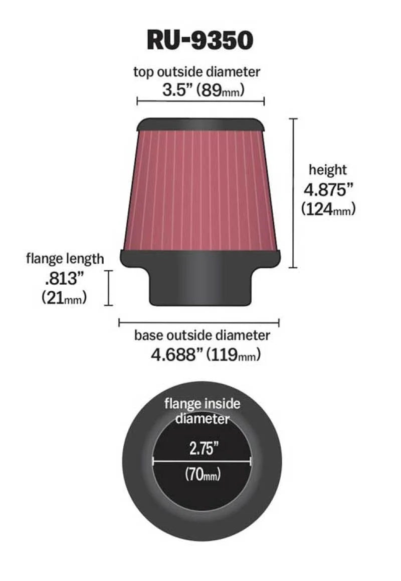 K&N Universal Clamp-On Air Filter 2-3/4in FLG / 4-11/16in B / 3-1/2in T / 4-7/8in H - Detail View
