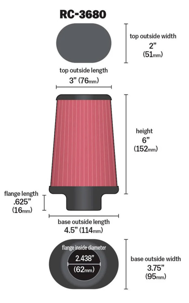 K&N Universal Clamp-On Air Filter 2-7/16in Flange 4-1/2x3-3/4in Base 3x2in Top 6in Height - Main Product View