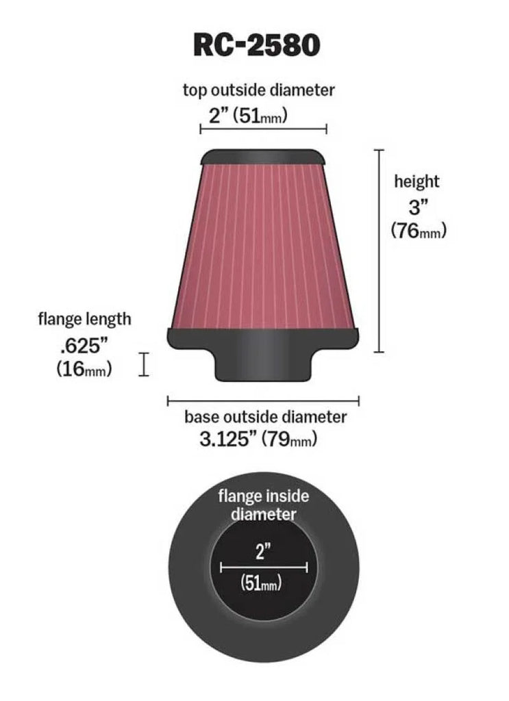 K&N Universal Clamp-On Air Filter 2in FLG / 3-1/8in B / 2in T / 3in L - Side View