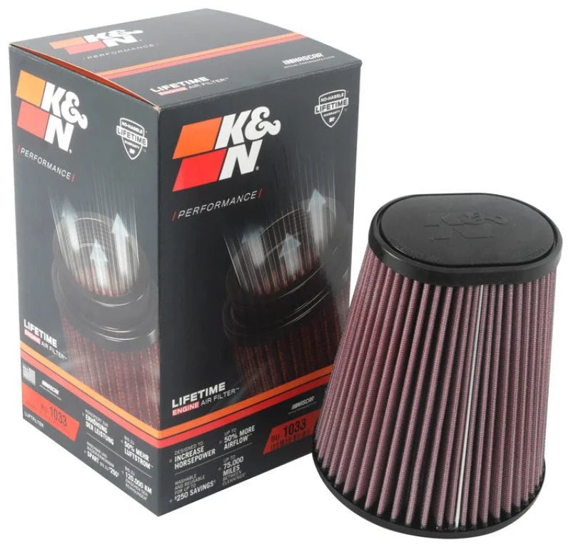 K&N Universal Clamp-On Air Filter 3-1/2in 10 Degree Flange 5-3/4in B 4-1/2in x 3-1/4in T 7in H - Back View