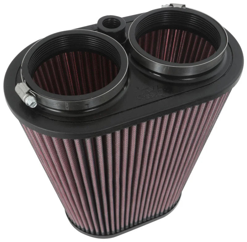 K&N Universal Clamp-On Air Filter 3-1/8in Dual FLG  8-7/8in X 5-3/16 B 6-1/4in X 4IN T, 9inH W/STUD - Side View