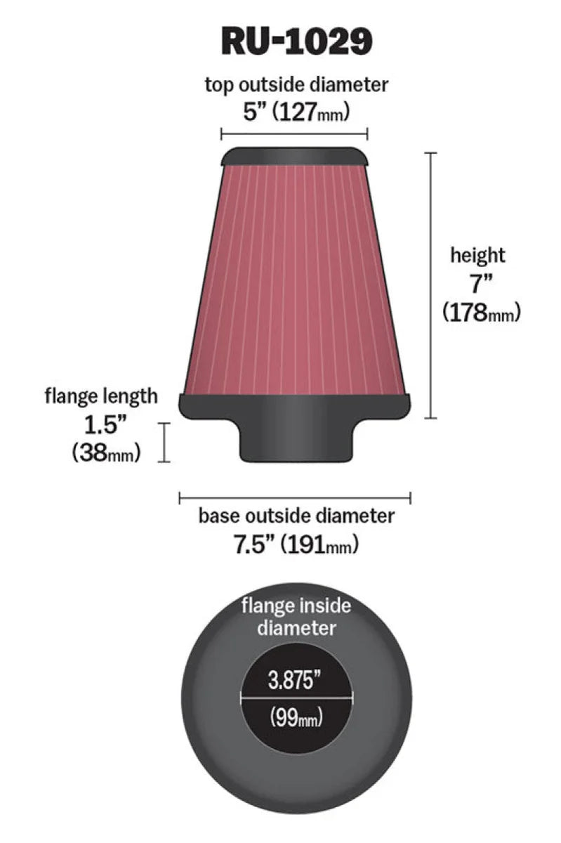 K&N Universal Clamp-On Air Filter 3-7/8in FLG / 7-1/2in B / 5in T / 7in H - Back View