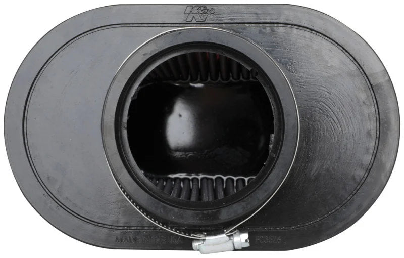 K&N Universal Clamp-On Air Filter 3.5in Flg ID x 8.5x5.25in B OD x 6.25x4in T OD x 5.5in H - Back View