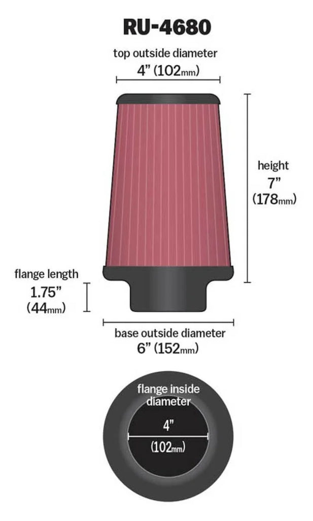 K&N Universal Clamp-On Air Filter 4in FLG / 6in B / 4in T / 7in H - Back View