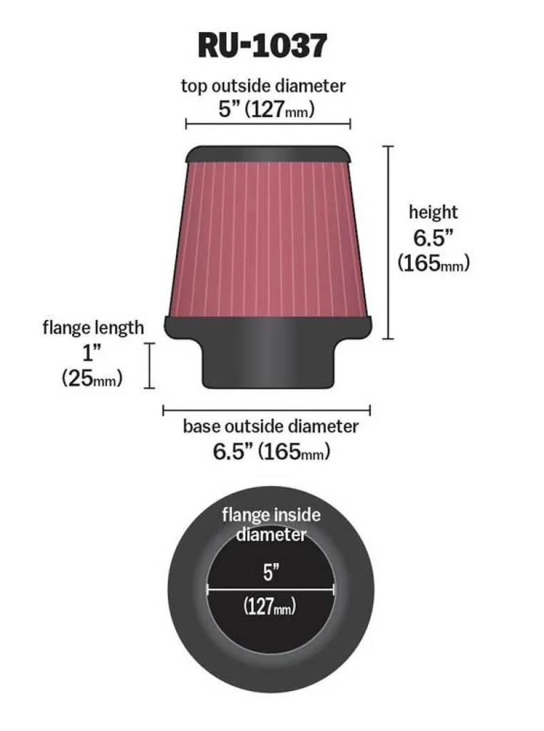 K&N Universal Clamp-On Air Filter 5in FLG / 6-1/2in B / 5in T / 6-1/2in H - Back View