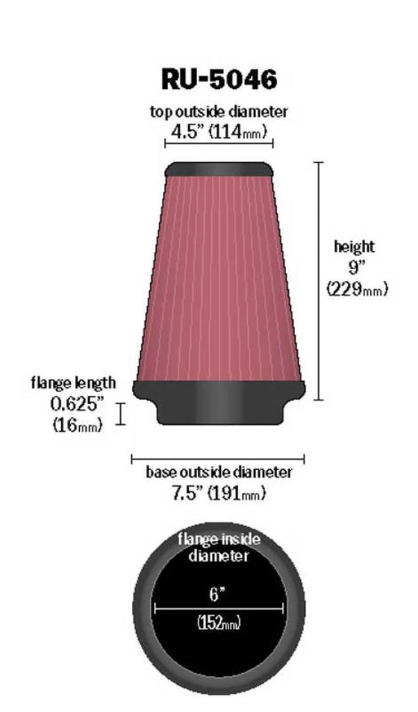 K&N Universal Clamp-On Air Filter 6in FLG / 7-1/2in B / 4-1/2in T / 9in H - Back View