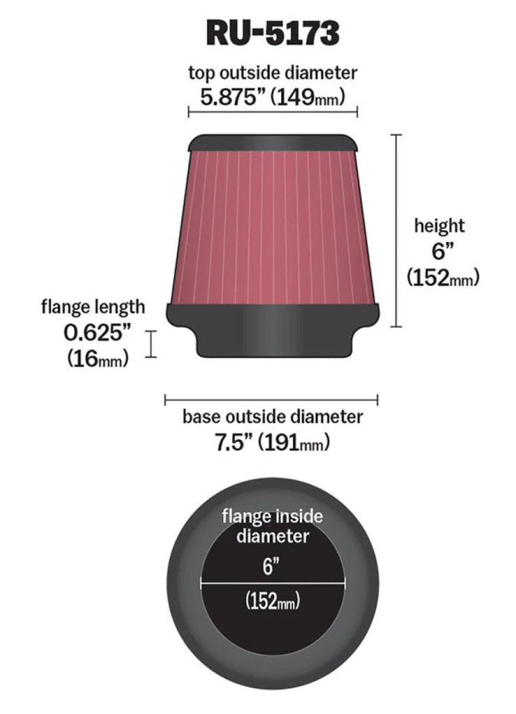 K&N Universal Clamp-On Air Filter 6in FLG / 7-1/2in B / 5-7/8in T / 6in H - Additional View 8