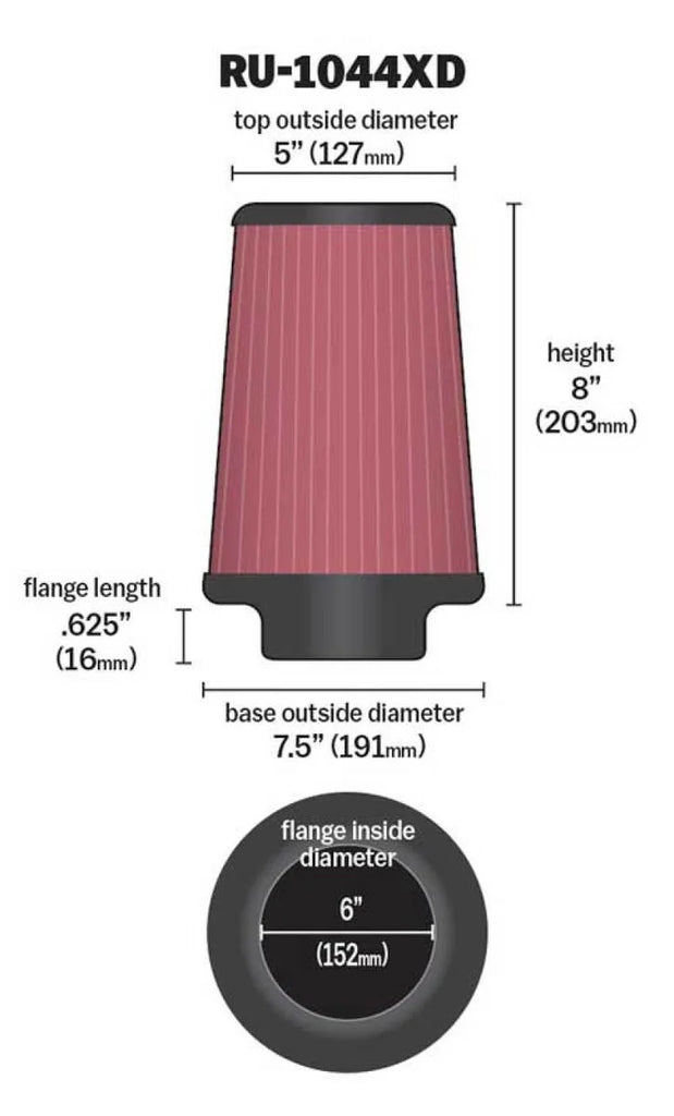 K&N Universal Clamp-On Air Filter 6in FLG / 7-1/2in B / 5in T / 8in H - Detail View