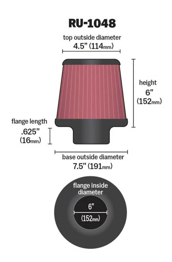 K&N Universal Clamp-On Air Filter 6in Flange / 7-1/2in Base / 4-1/2in Top / 6in Height - Detail View