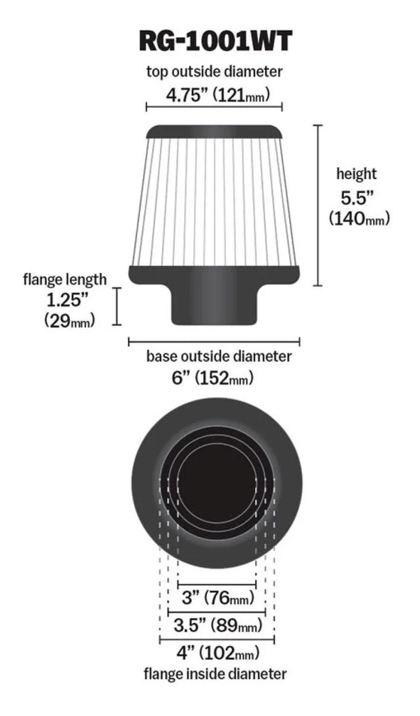 K&N Universal Filter Chrome Round Tapered White - 4in Flange ID x 1.125in Flange Length x 5.5in H - Additional View 8