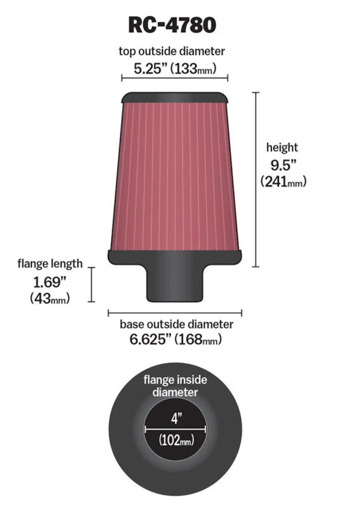 K&N Universal Filter Round Tapered 4in FlangeID / 6.625in Base OD / 5.25in Top OD / 9.5in Height - Back View