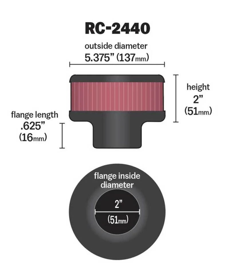 K&N Universal Round Clamp-On Air Filter 2in. Flange / 5-3/8in. OD / 2in. Height - Back View