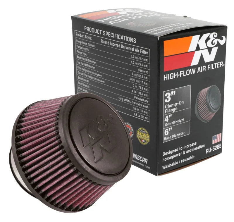 K&N Universal Round Clamp-On Air Filter 3in Flange ID x 6in Base OD x 4.625in Top OD x 3in Height - Back View