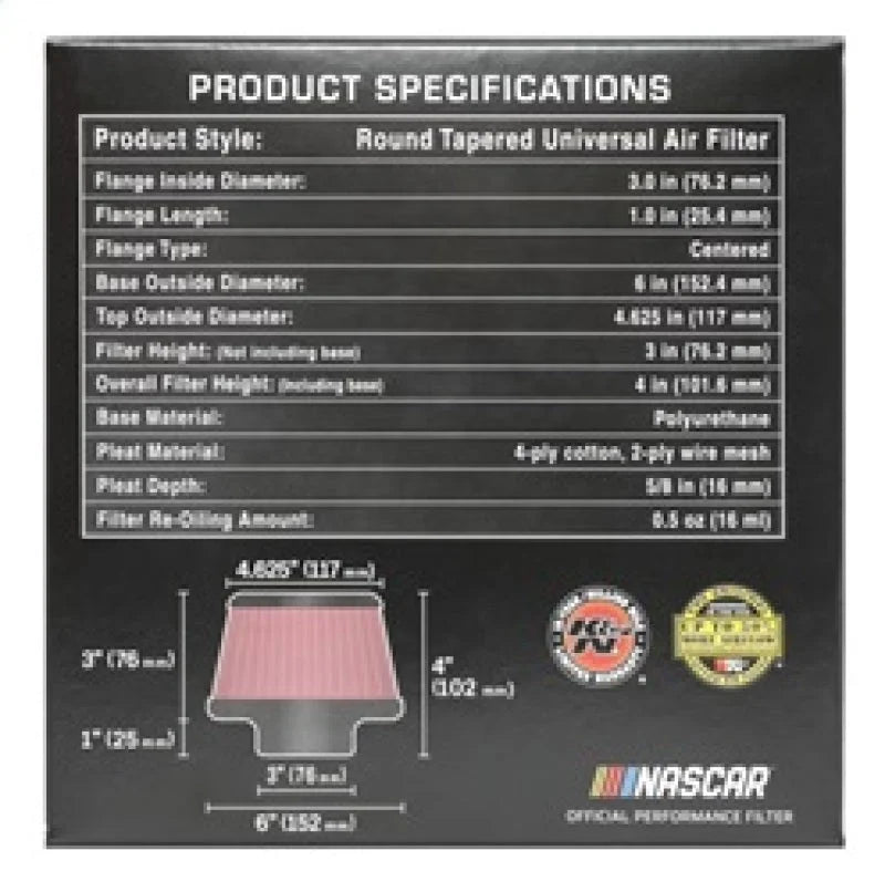 K&N Universal Round Clamp-On Air Filter 3in Flange ID x 6in Base OD x 4.625in Top OD x 3in Height - Additional View 9