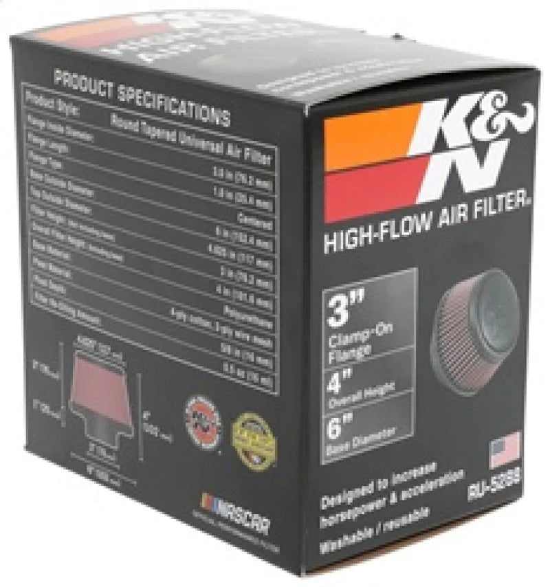 K&N Universal Round Clamp-On Air Filter 3in Flange ID x 6in Base OD x 4.625in Top OD x 3in Height - Additional View 10