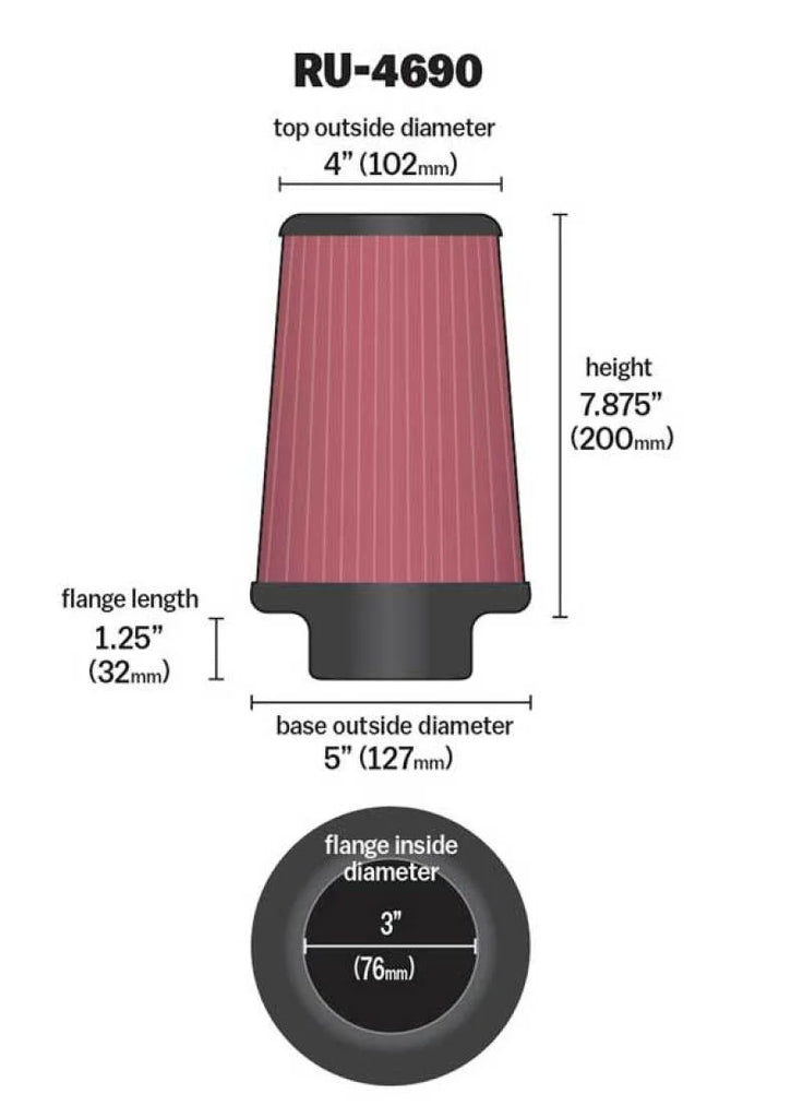 K&N Universal Round Tapered Filter 3 inch FLG / 5 inch Bottom / 4 inch Top / 7 7/8 inch Height - Additional View 10