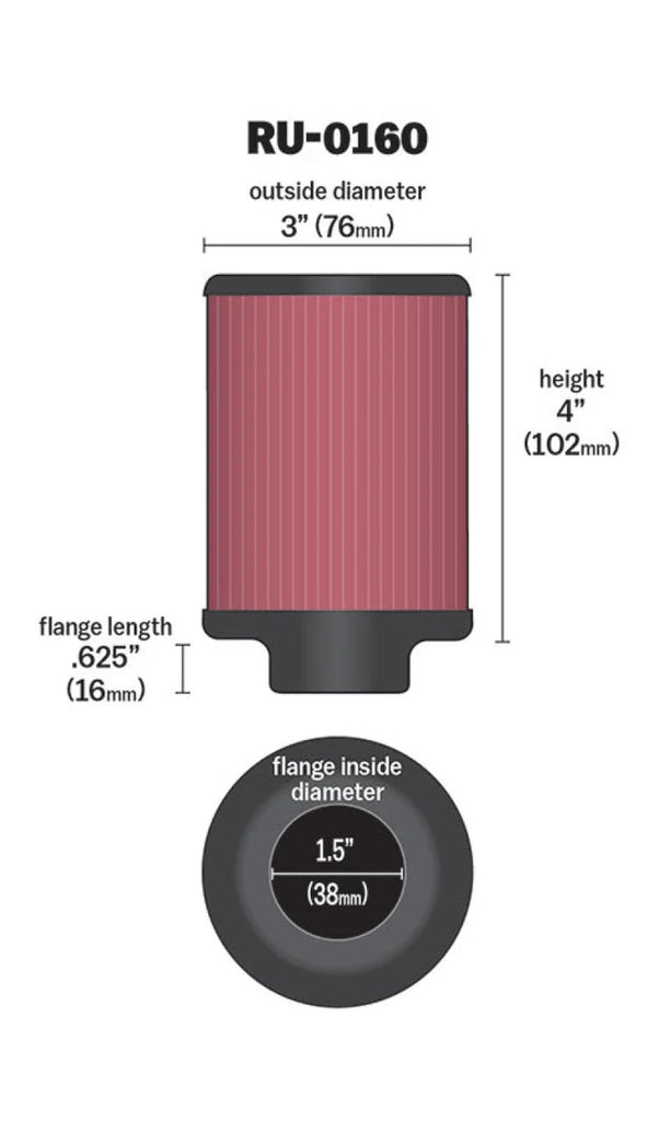 K&N Universal Rubber Filter 1 1/2in FLG 3in OD 4in Height - Side View