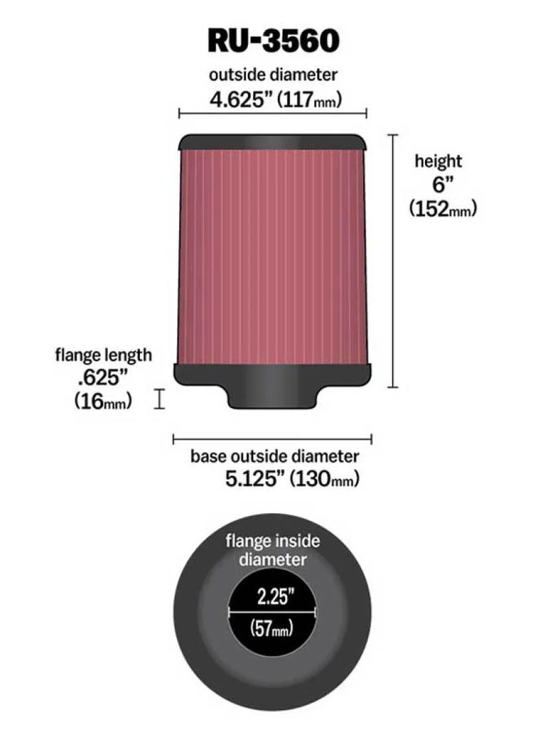 K&N Universal Rubber Filter 2-1/4in FLG x 5-1/8in Base x 4-5/8in Top x 6in Height - Main Product View