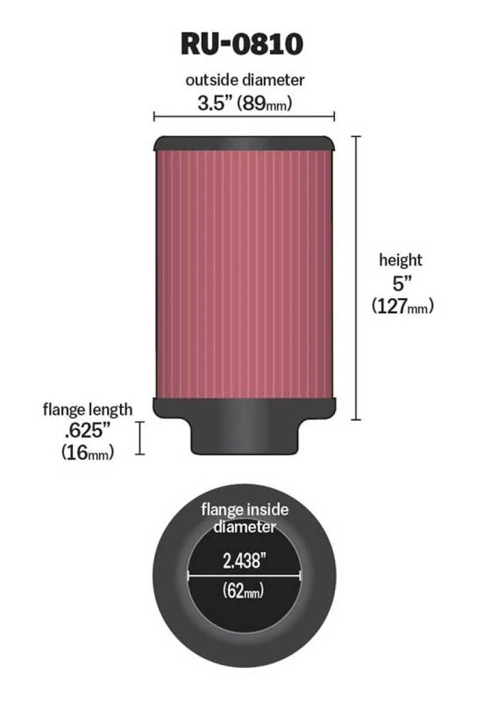 K&N Universal Rubber Filter 2.438in Flange ID x 3.5in OD x 5in Height for 97-98 Yamaha TDM850 - Side View