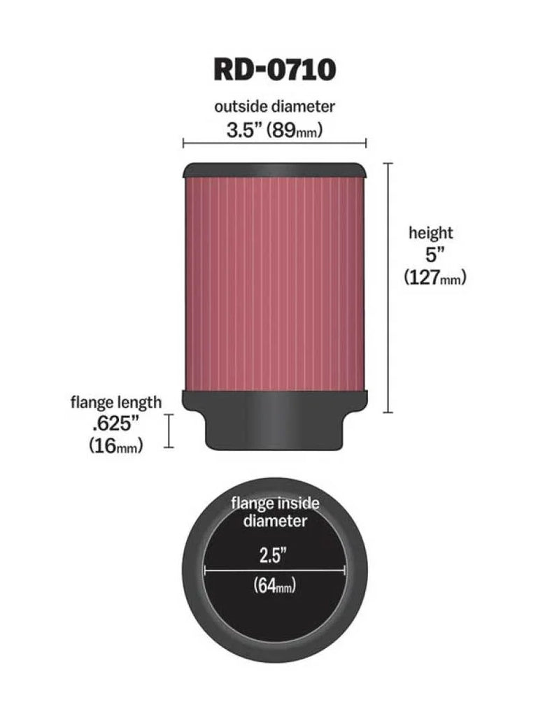 K&N Universal Rubber Filter 2.5in Flange ID x 3.5in OD x 5in Height - Main Product View