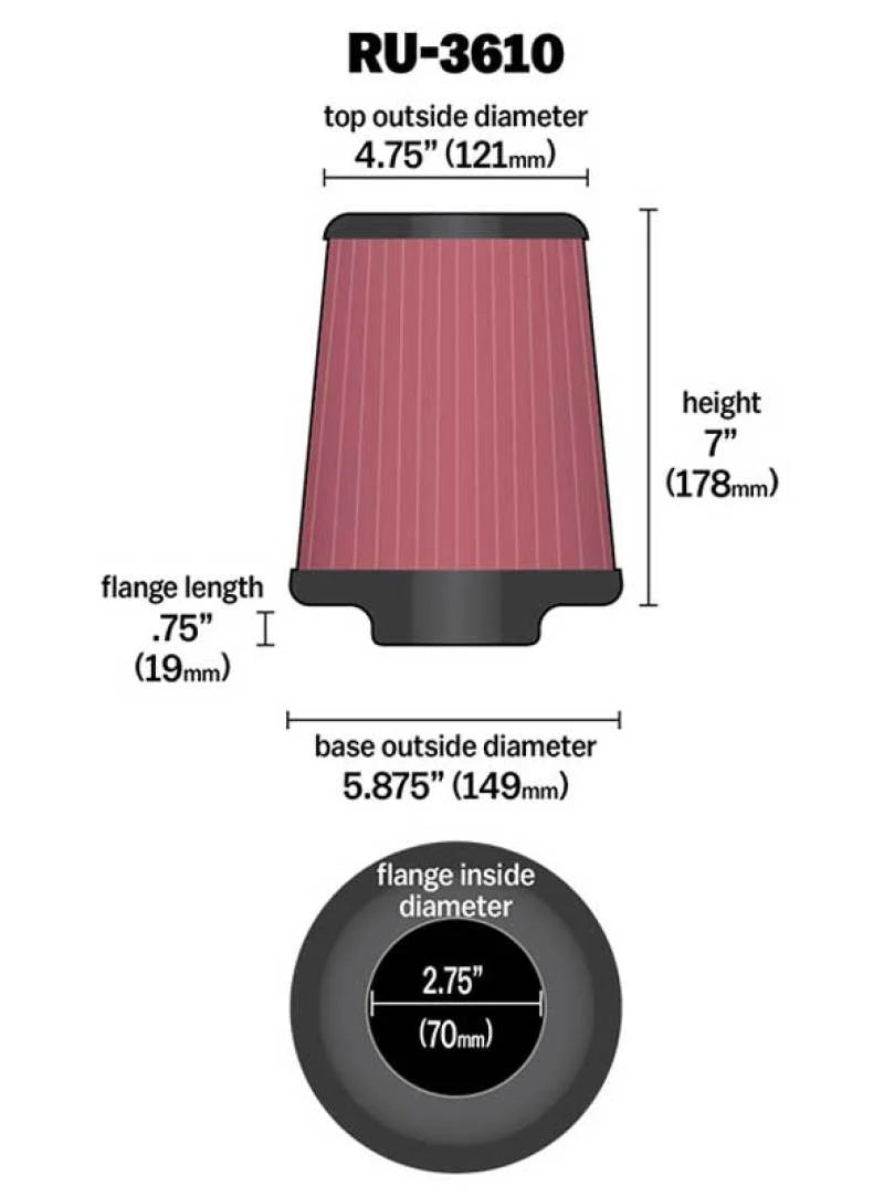 K&N Universal Rubber Filter 2.75in Flange ID x 5.875in Base OD x 4.75in Top OD x 7in Height - Additional View 7