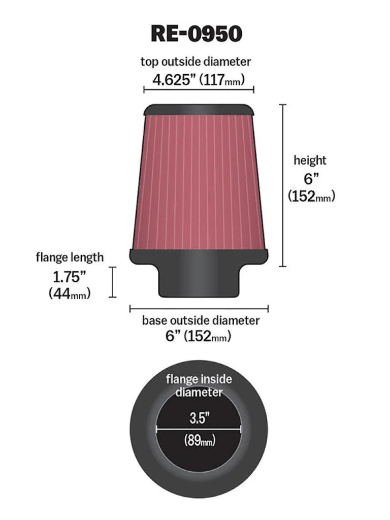 K&N Universal Rubber Filter 3 1/2inch ID FLG / 6inch Base / 4-5/8inch Top / 6inch Height - Back View