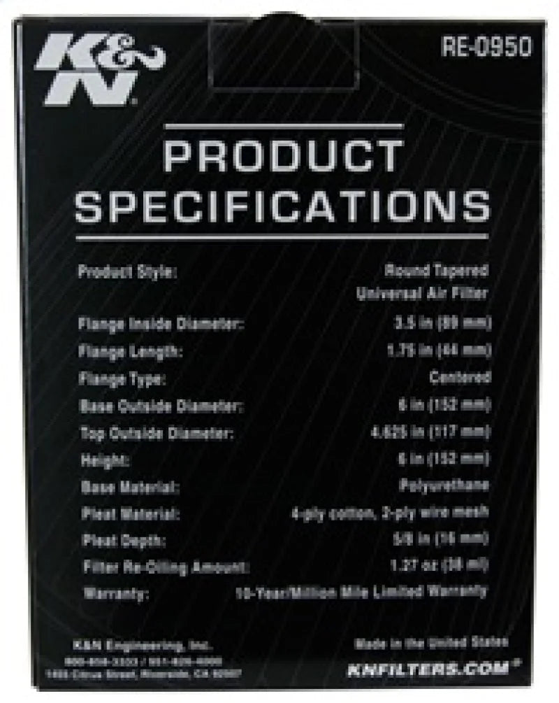 K&N Universal Rubber Filter 3 1/2inch ID FLG / 6inch Base / 4-5/8inch Top / 6inch Height - Additional View 9