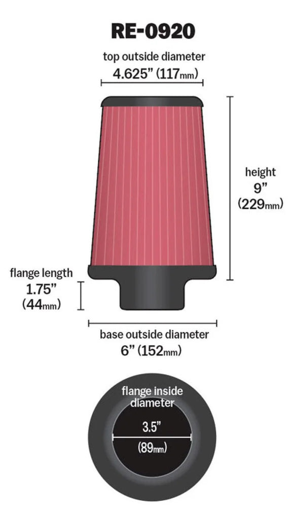 K&N Universal Rubber Filter 3 1/2inch ID FLG / 6inch Base / 4-5/8inch Top / 9inch Height - Additional View 11