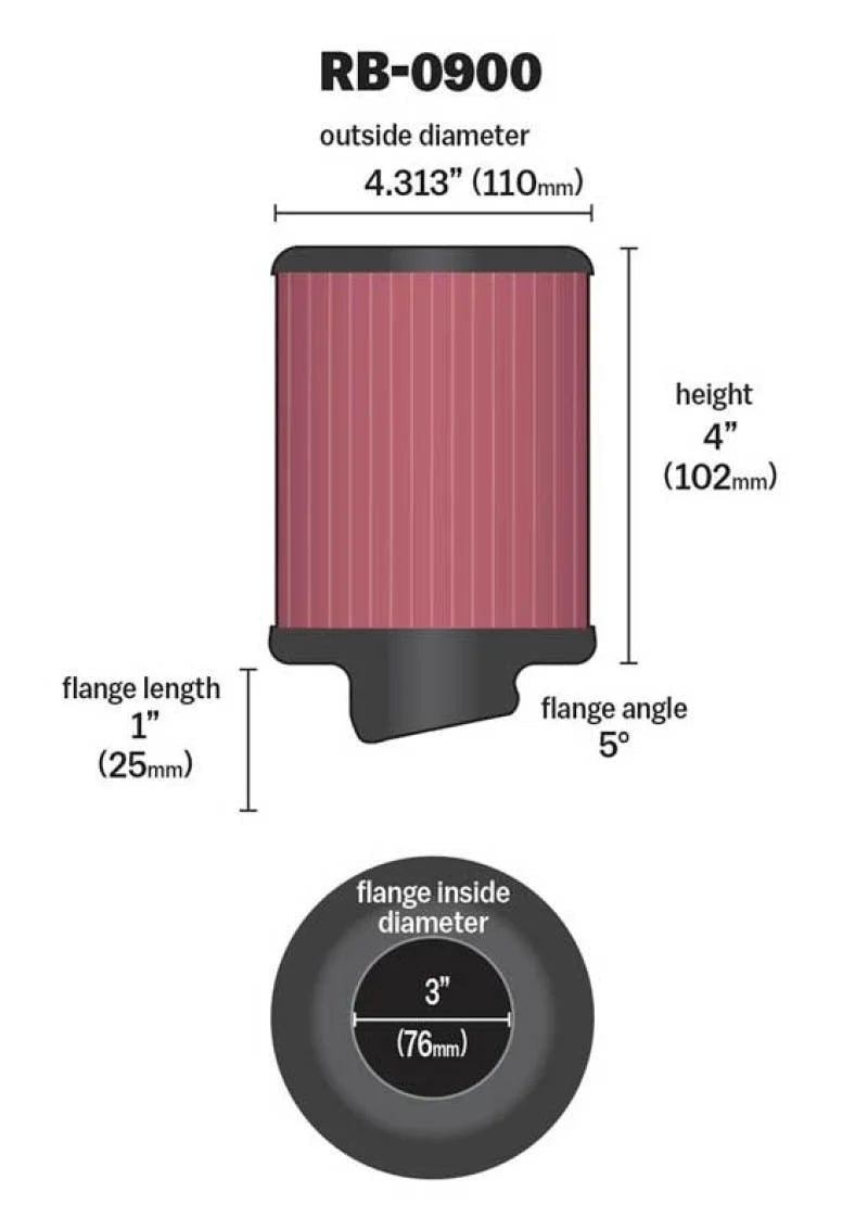 K&N Universal Rubber Filter 3 inch 5 Degree FLG 4 1/2 inch OD 4 inch Height - Back View