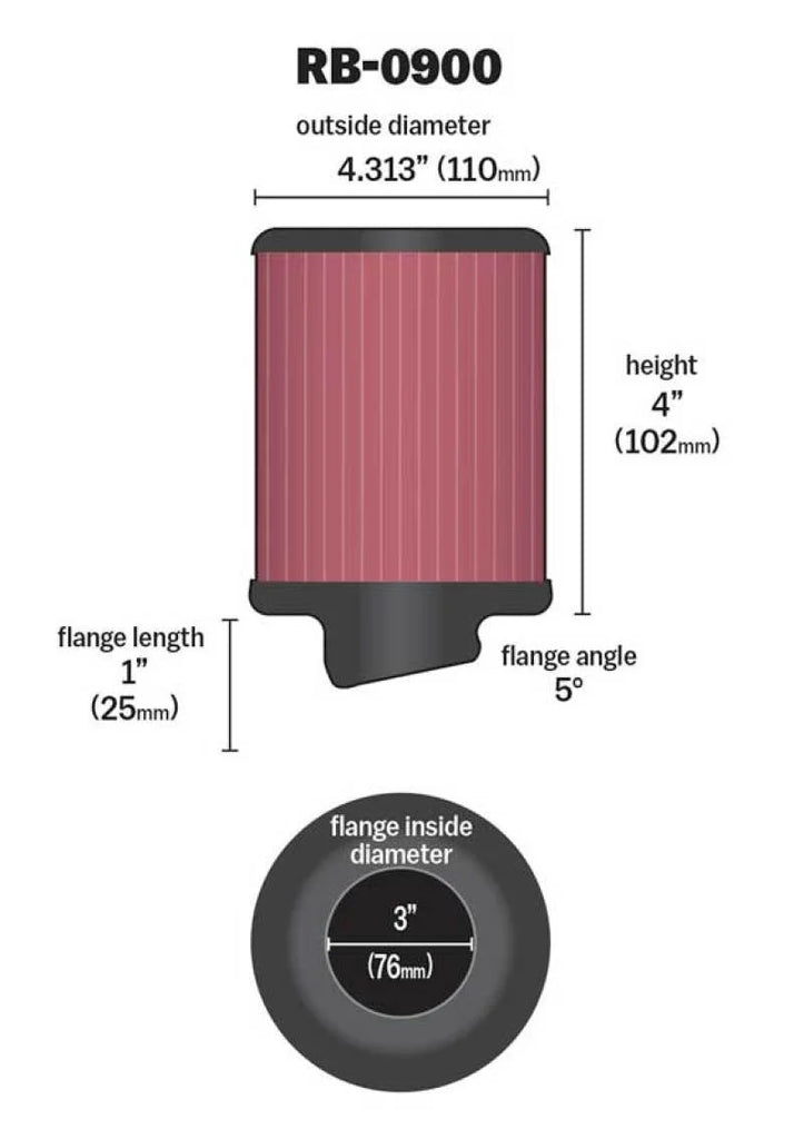K&N Universal Rubber Filter 3 inch 5 Degree FLG 4 1/2 inch OD 4 inch Height - Back View