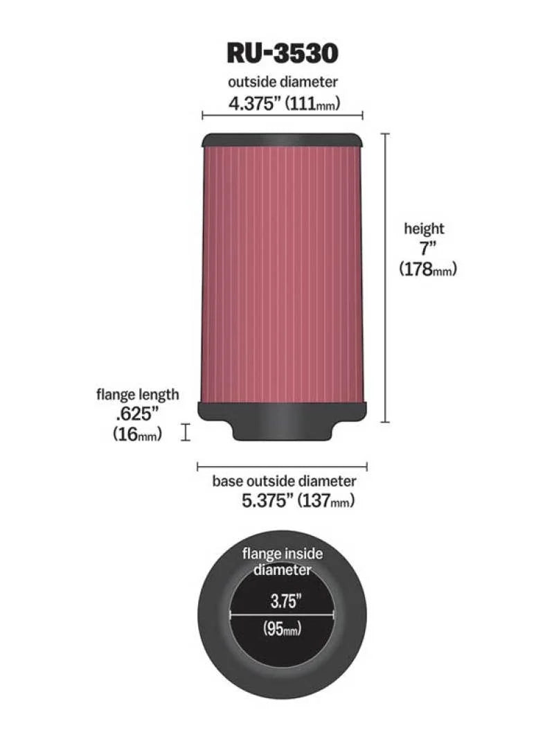 K&N Universal Rubber Filter 3.75in FLG x 5.375in Base x 5.375in Top x 7in Height - Back View