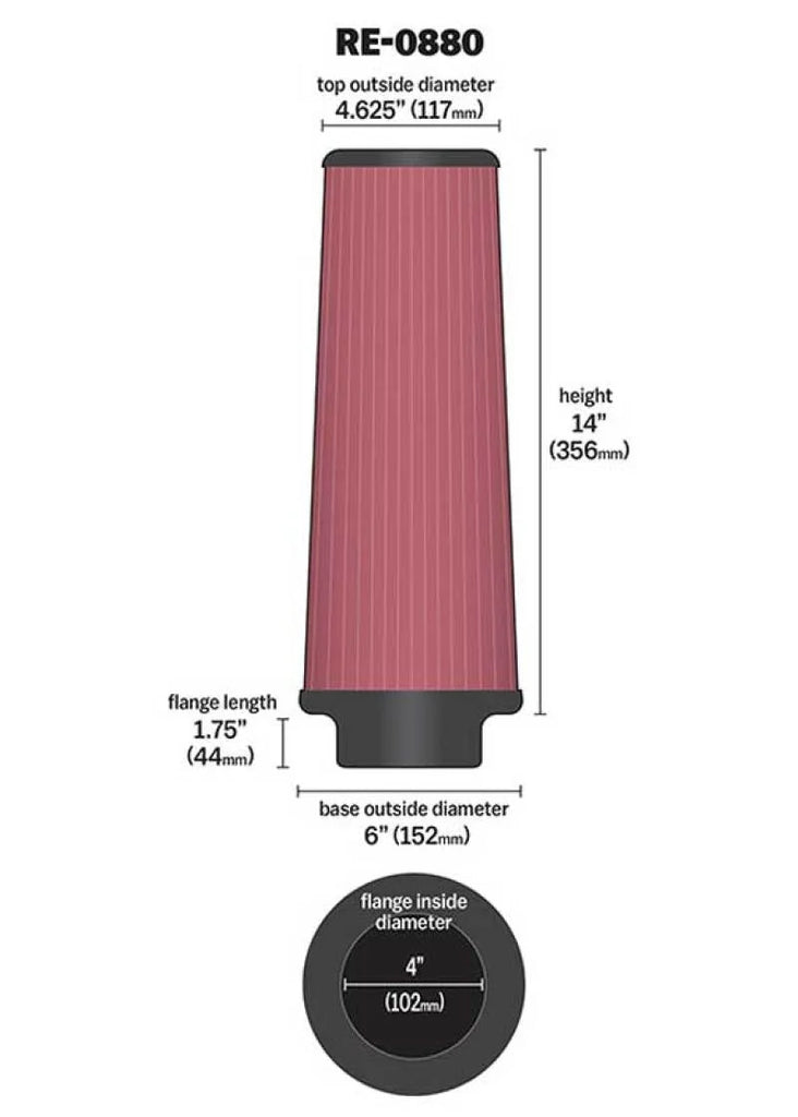 K&N Universal Rubber Filter 4inch FLG / 6inch OD-B / 4-5/8inch OD-T / 14inch H - Side View