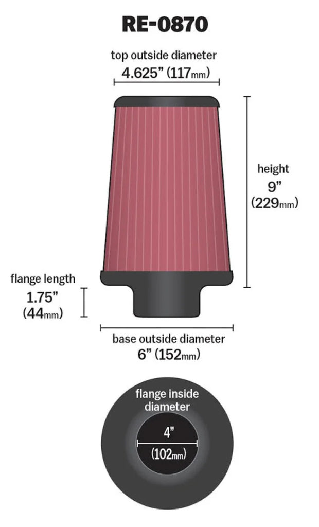 K&N Universal Rubber Filter 4inch FLG / 6inch OD-B / 4-5/8inch OD-T / 9inch H - Back View