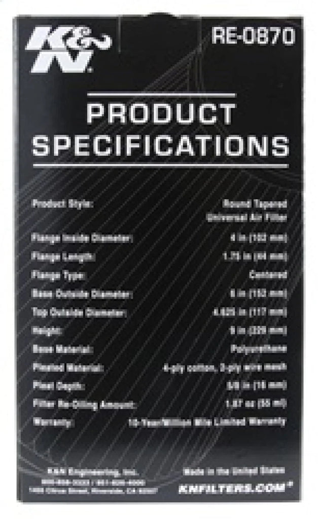 K&N Universal Rubber Filter 4inch FLG / 6inch OD-B / 4-5/8inch OD-T / 9inch H - Additional View 8