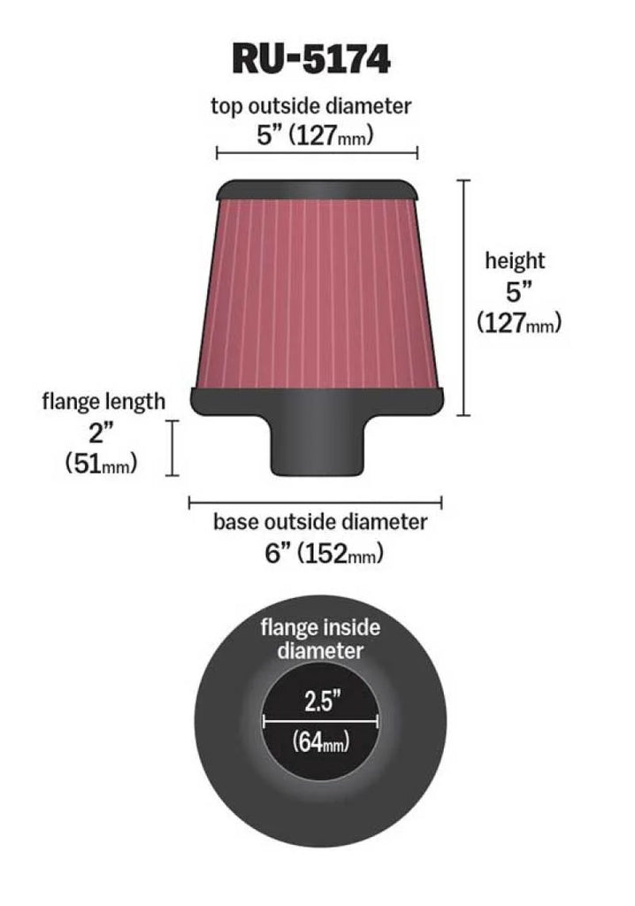 K&N Universal Rubber Filter-Round Tapered 2.5in Flange ID x 6in Base OD x 5in Top OD x 5in Height - Side View