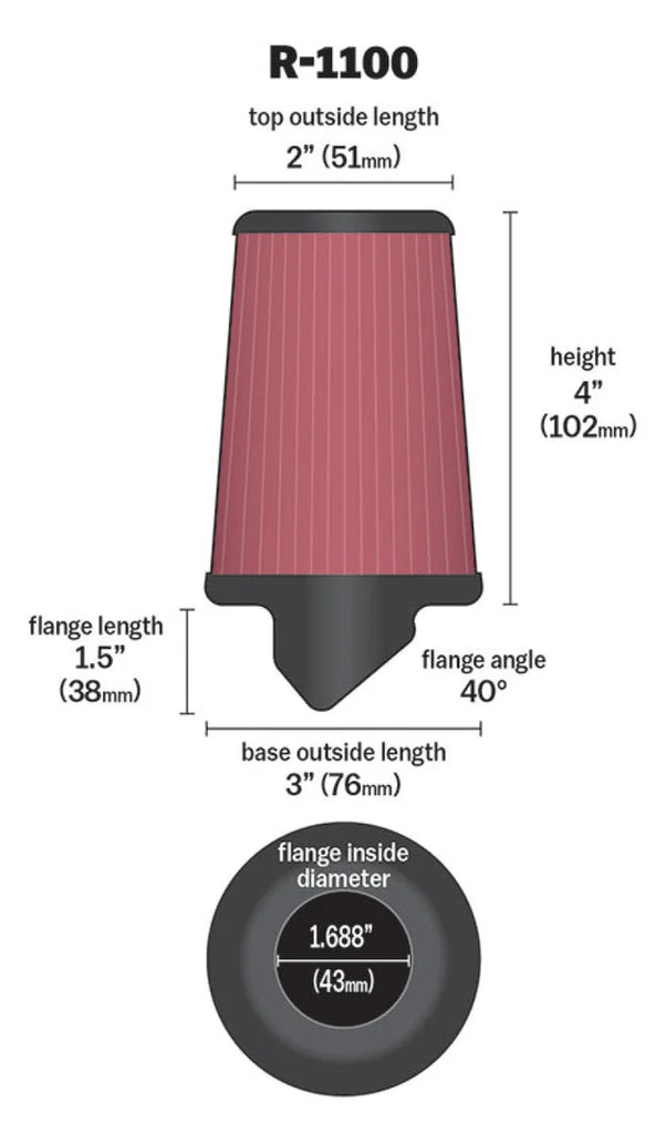 K&N Universal Rubber Filter Round Tapered 3in Base OD x 2in Top OD x 4in H - 73-78 Honda ATC90 - Side View