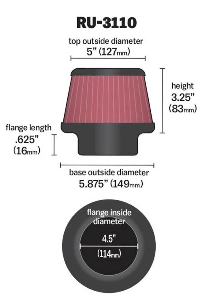 K&N Universal Rubber Filter Round Tapered 4.5in Flange ID x 5.875 Base OD x 5in Top OD x 3.25in H - Back View