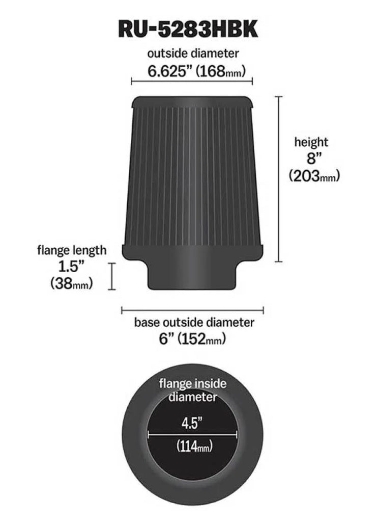 K&N Universal Rubber Filter-Round Tapered 4.5in Flange ID x 8in Base OD x 6.625in Top OD x 8in H - Back View