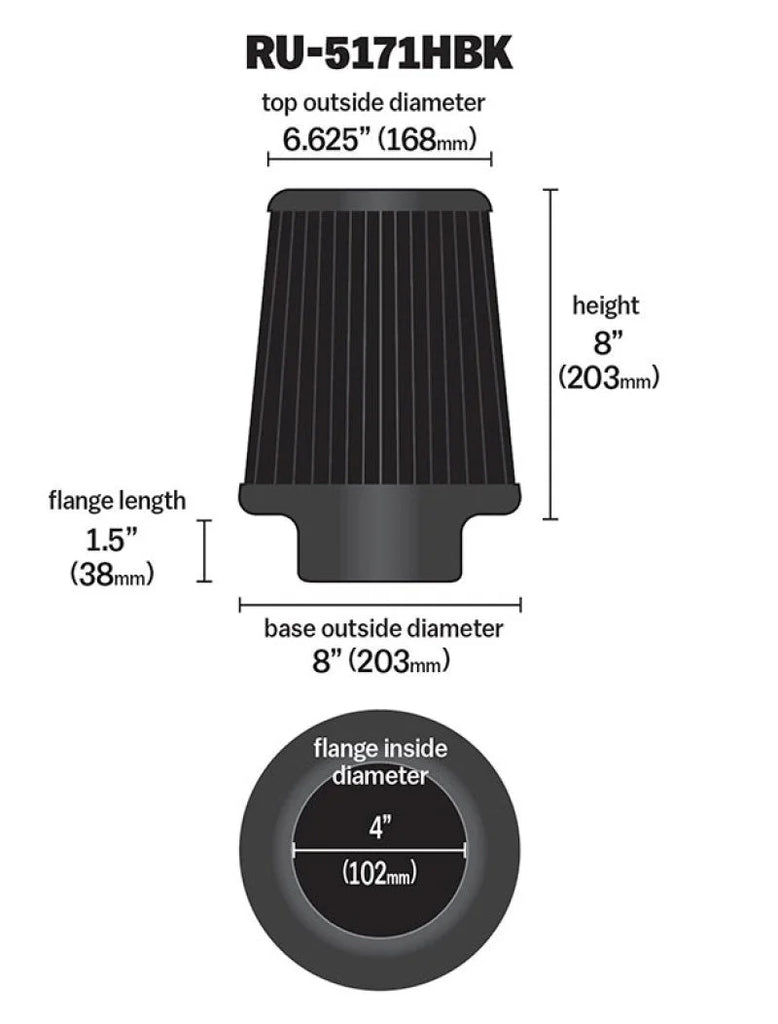 K&N Universal Rubber Filter-Round Tapered 4in Flange ID x 8in Base OD x 6.625in Top OD x 8in H - Main Product View