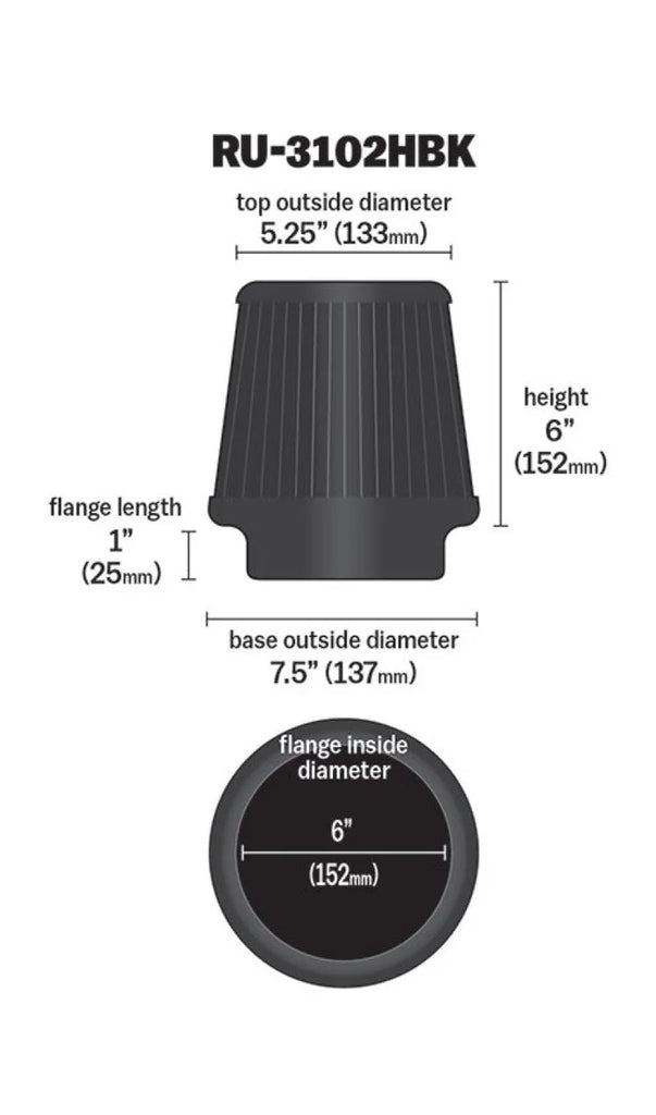 K&N Universal Rubber Filter Round Tapered 6in Flange ID x 7.5in Base OD x 5.25in Top OD x 6in Height - Additional View 10