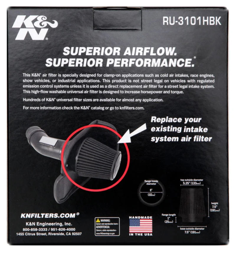 K&N Universal Rubber Filter Round Tapered 6in Flange ID x 7.5in Base OD x 5.25in Top OD x 8in Height - Side View