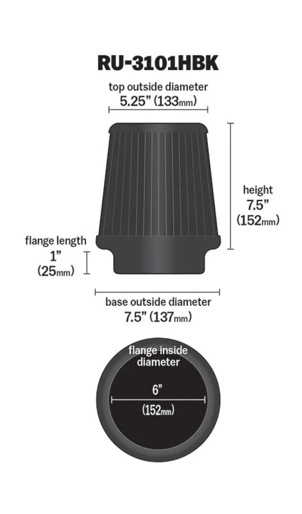 K&N Universal Rubber Filter Round Tapered 6in Flange ID x 7.5in Base OD x 5.25in Top OD x 8in Height - Additional View 6