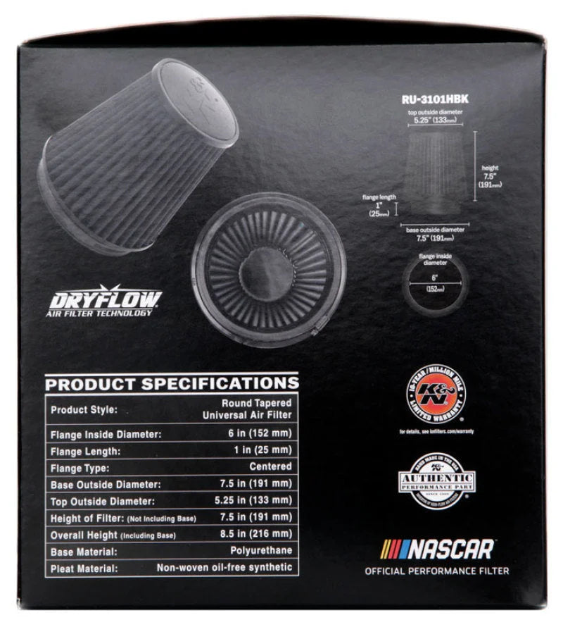 K&N Universal Rubber Filter Round Tapered 6in Flange ID x 7.5in Base OD x 5.25in Top OD x 8in Height - Additional View 13