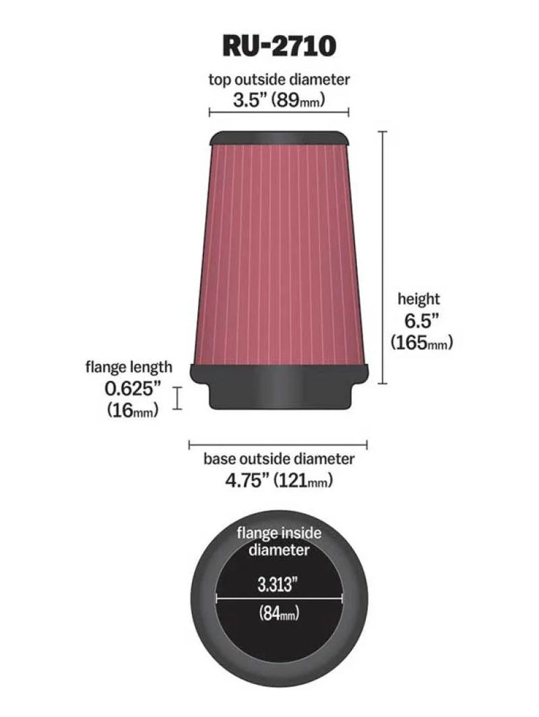 K&N Universal Rubber Filter Round Tprd 3.313in Flange ID x 4.75in Base OD x 3.5in Top OD x 6.5in H - Additional View 9