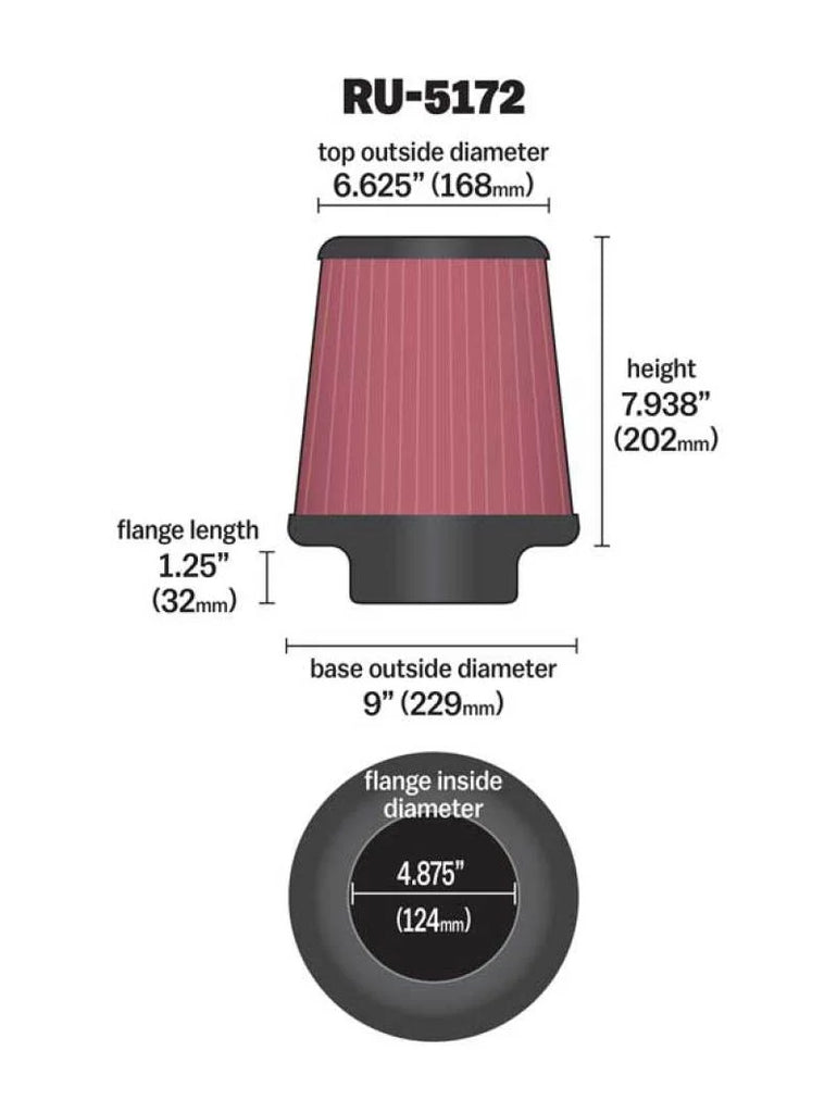K&N Universal Rubber Filter-Round Tprd 4.875in Flange ID x 9in Base OD x 6.625in Top OD x 7.938in H - Side View