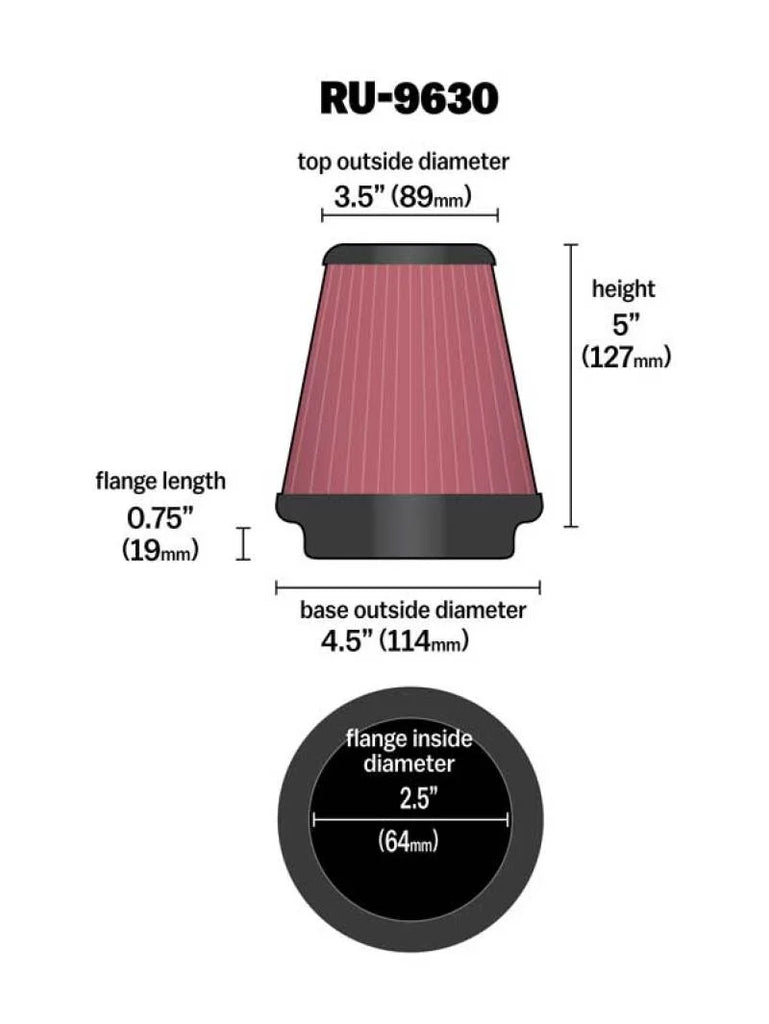K&N Universal Tapered Filter 2.5in Flange ID x 4.5in Base OD x 3.5in Top OD x 5in Height - Detail View