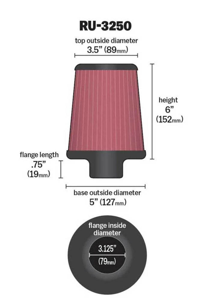 K&N Universal Tapered Filter 3.125in Flange ID x 5in Base OD x 3.5in Top OD x 6in Height - Additional View 5