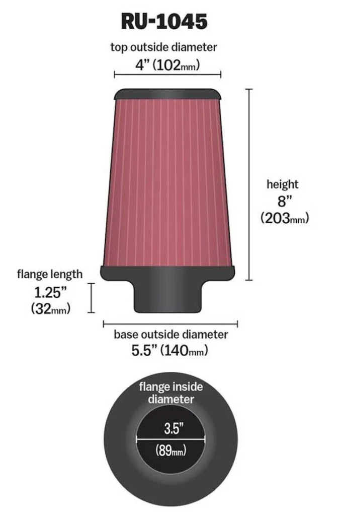 K&N Universal Tapered Filter 3.5in Flange ID x 5.5in Base OD x 4in Top OD x 8in Height - Additional View 8