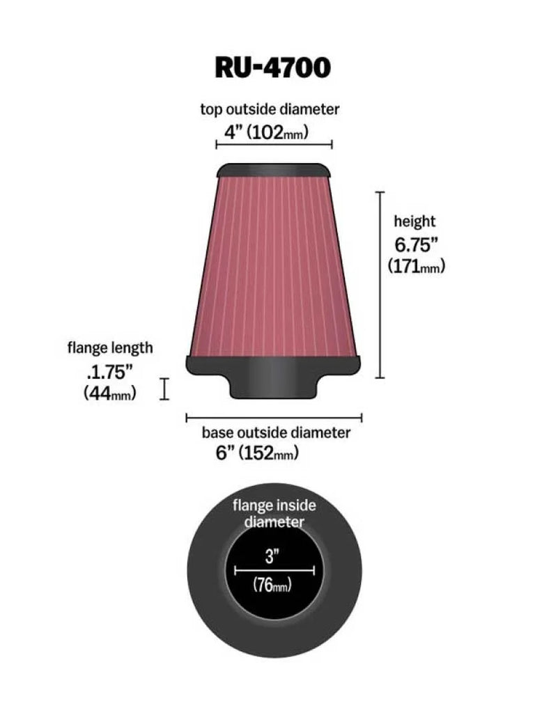 K&N Universal Tapered Filter 3in Flange ID x 6in Base OD x 4in Top OD x 6.75in Height - Additional View 10