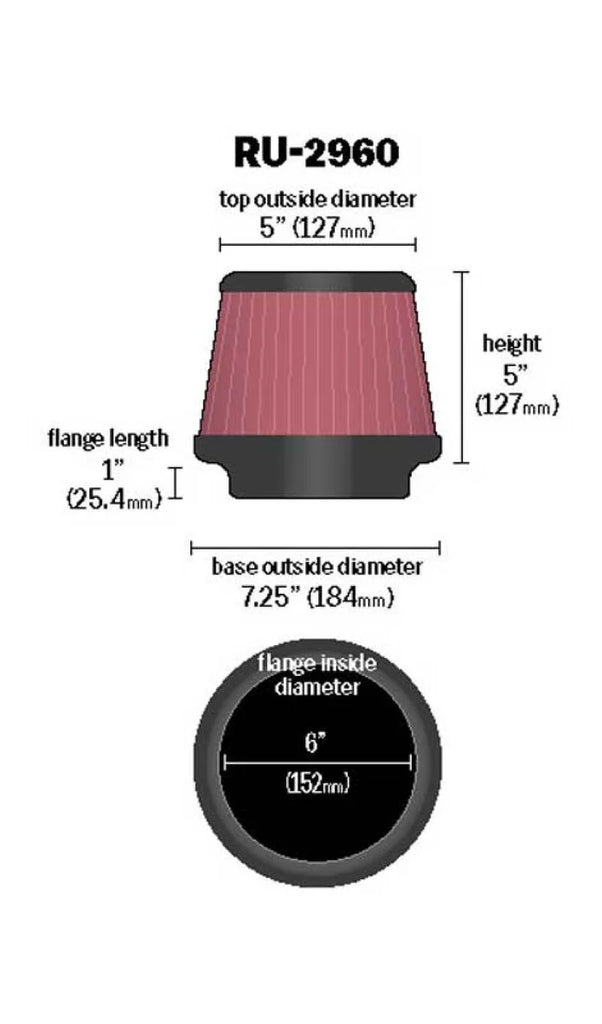K&N Universal Tapered Filter 6in Flange ID x 7.5in Base OD x 5in Top OD x 5in Height - Back View